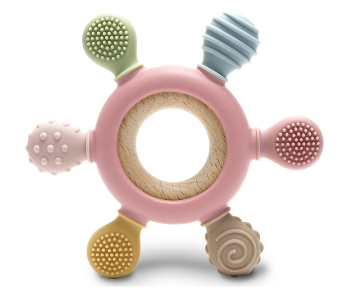 LORELLI SILIKONSKO DRVENA GLODALICA ZA BEBE RUDDER - NATURAL DEEP PINK - Slika 2