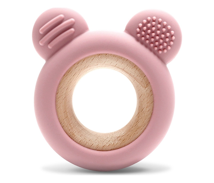 LORELLI SILIKONSKO DRVENA GLODALICA ZA BEBE BEAR - NATURAL DEEP PINK - Slika 3